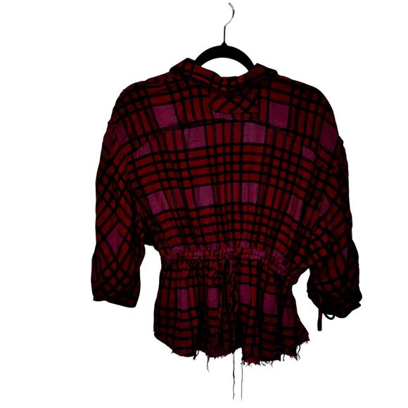 NWT Free People Red Pink Plaid Drawstring Sleeve Button Down Top Womens X-Small - Picture 3 of 6